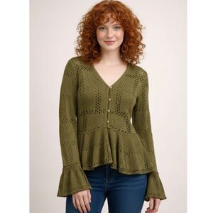 Pilcro Anthropologie Pointelle Babydoll Sweater Open Knit Green Cotton Women XL